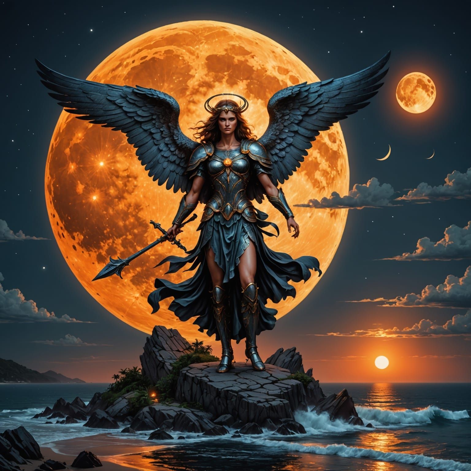 Archangel Haniel and Orange Moon: Hyperrealistic Island Scen...