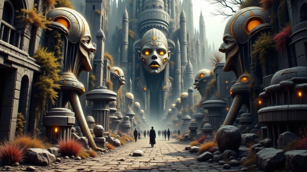 Alien City With Giant Faces in Fantastical Colors