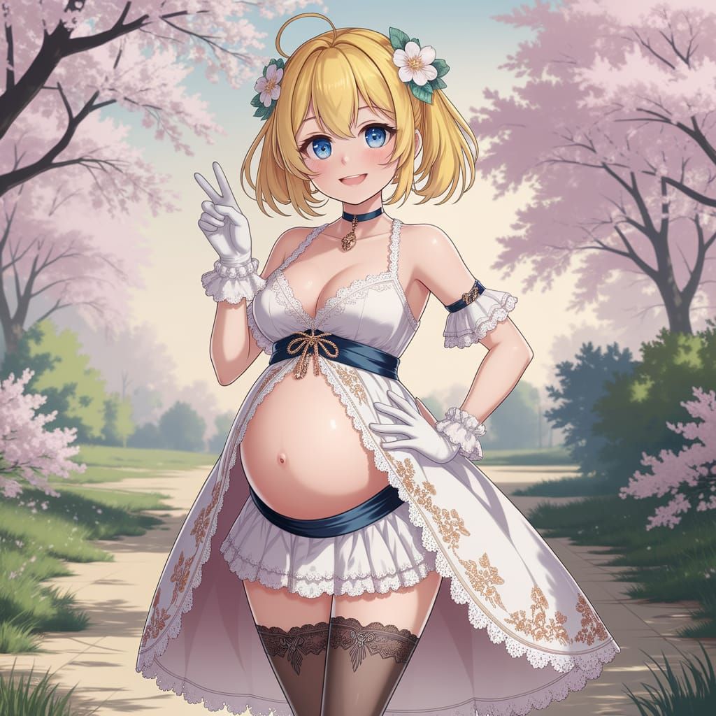 Elegant Pregnant Anime Girl in Cherry Blossom Wonderland