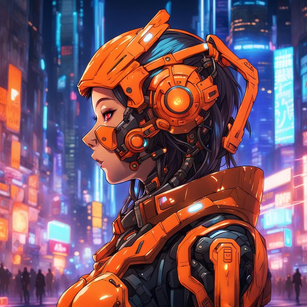 Cyborg Girl with Orange Armor in Neon City