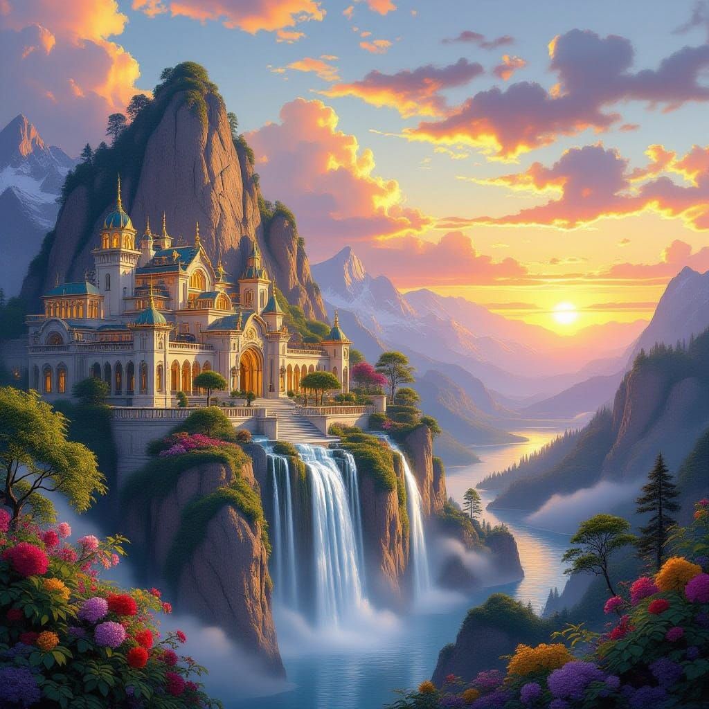 Mountain Palace with Waterfalls at Sunset