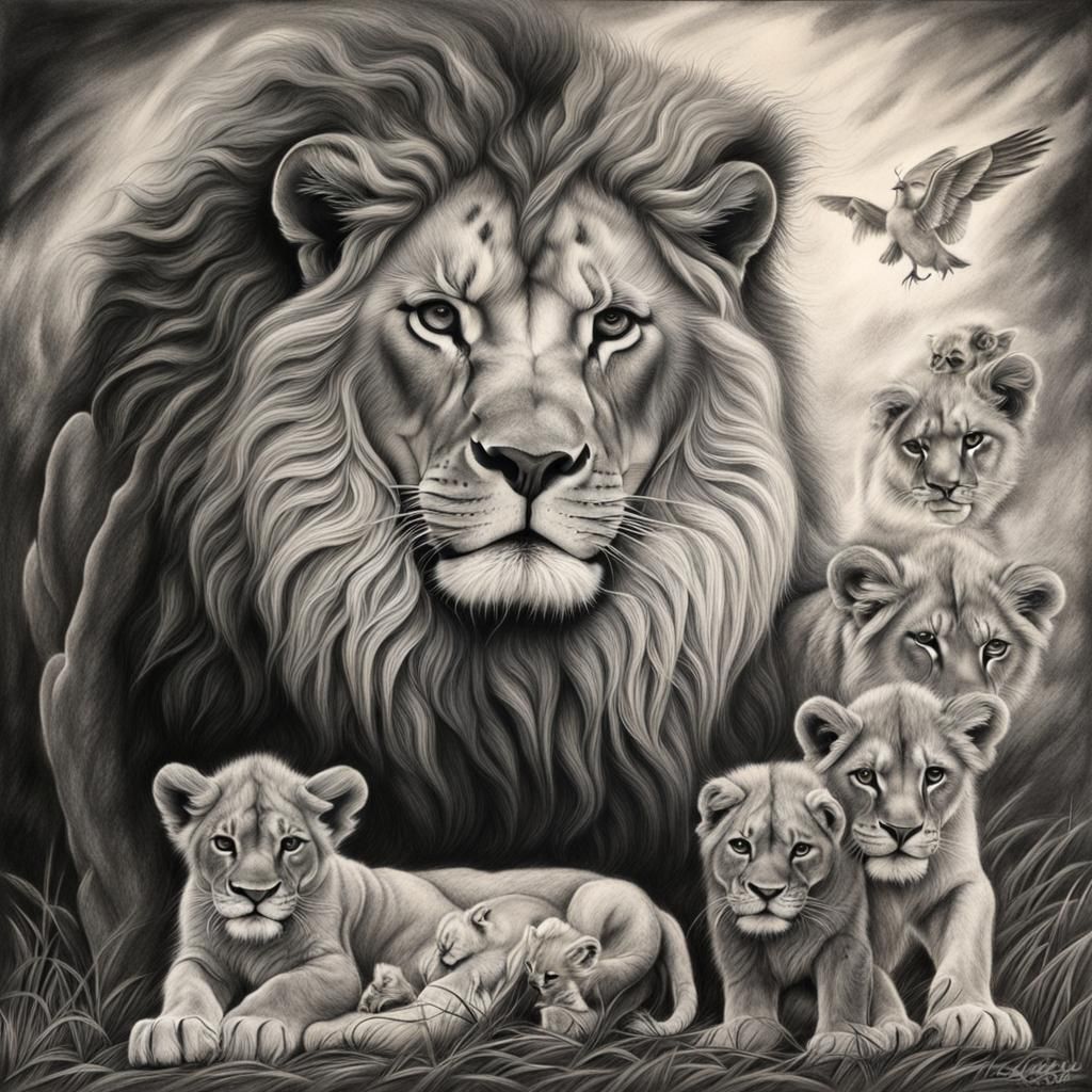 Hyperdetailed Charcoal Drawing: Lion, Angel, Cubs
