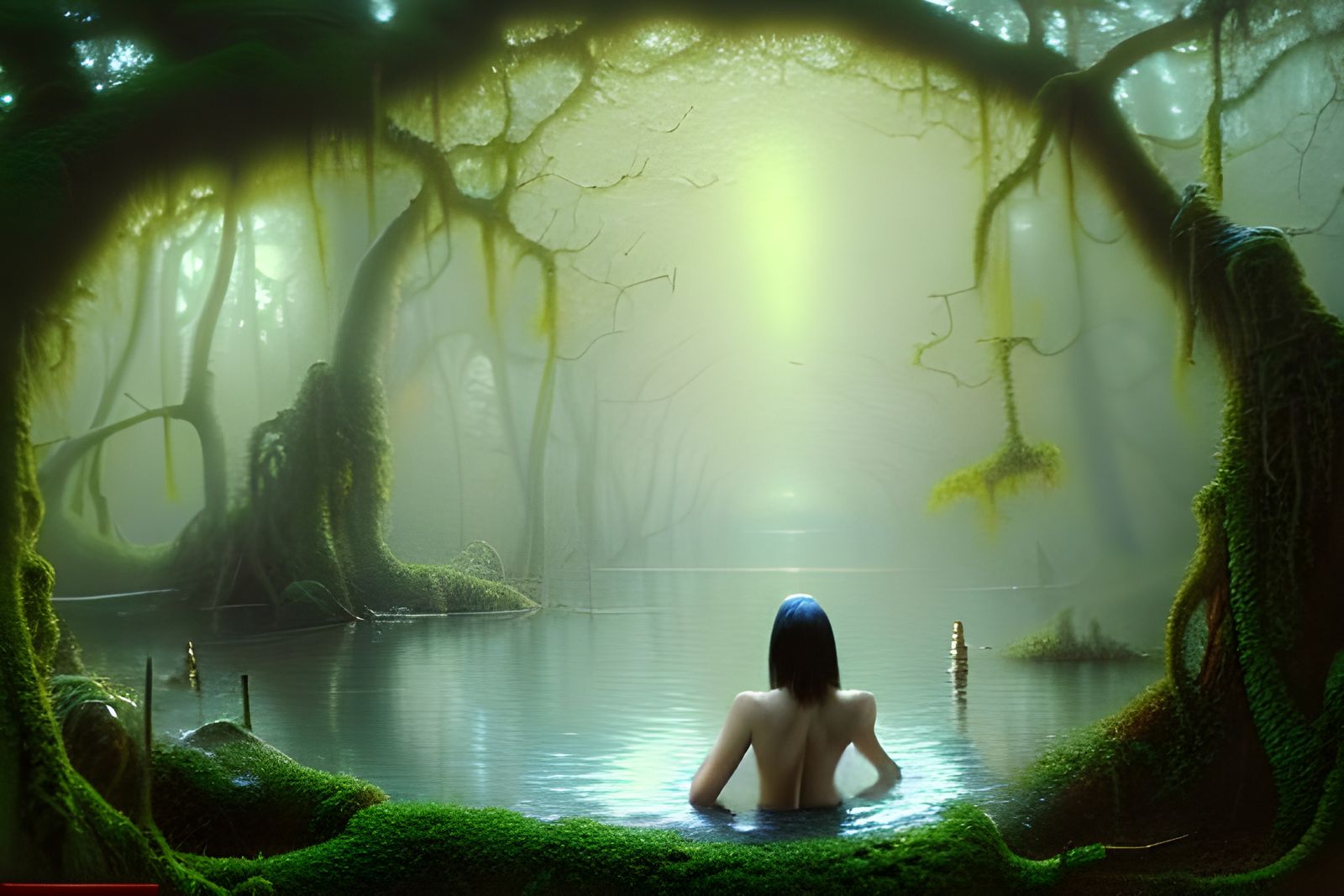 Hyperrealistic Woman by Pond in Dreamlike Landscape