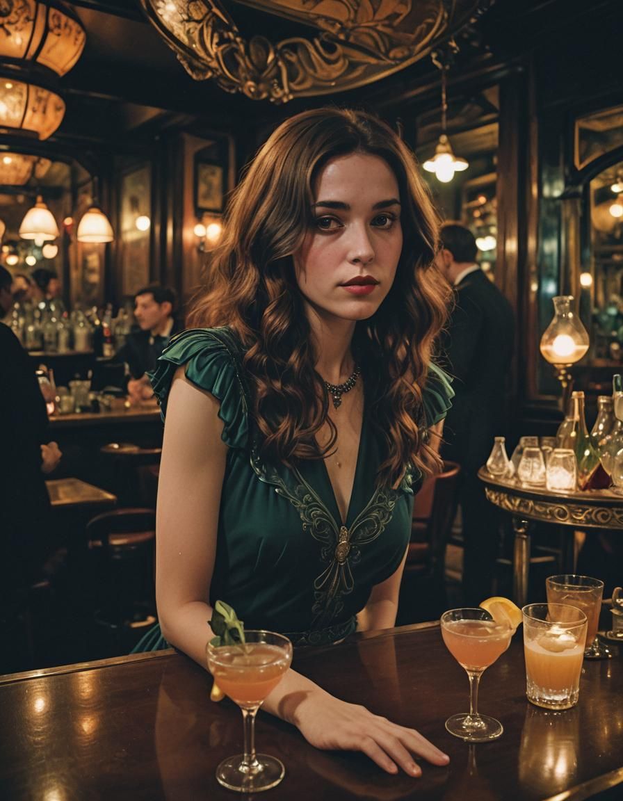 Brunette at Paris Bar in Art Nouveau Style