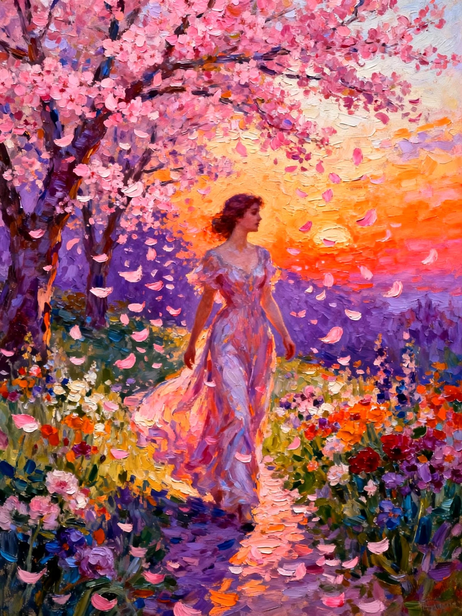 Woman in Petal Storm Beneath Cherry Trees