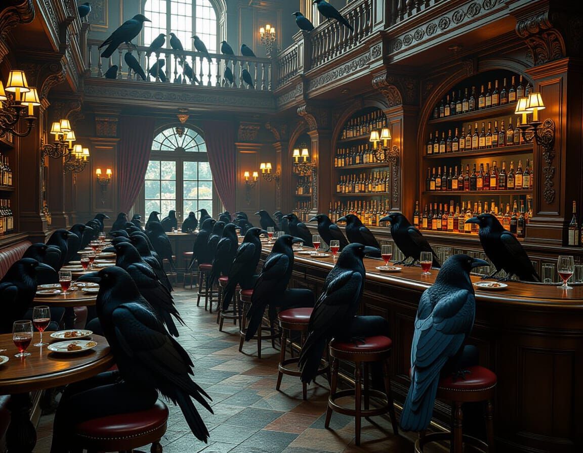 Michelangelo-Style Bar Scene with Ravens and Crows