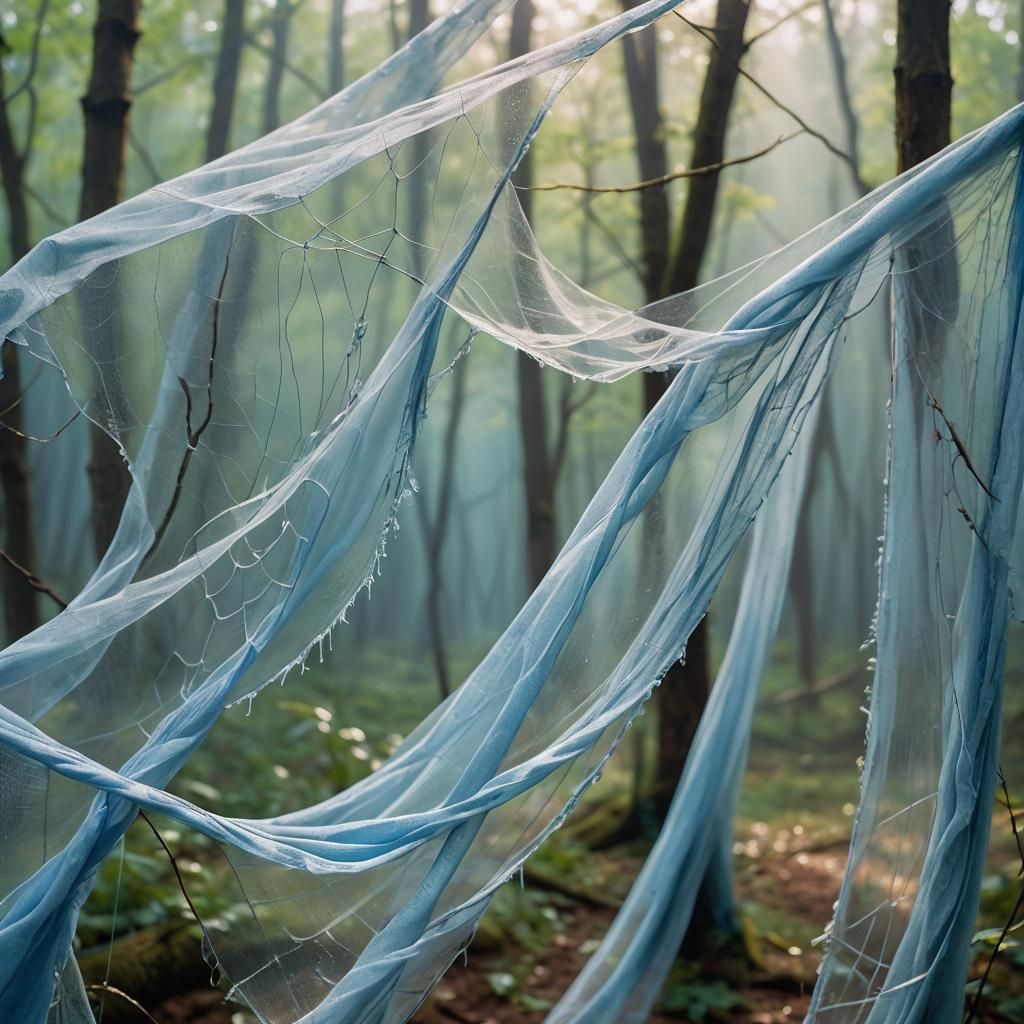 Ethereal Blue Fabric in Misty Forest, Impressionism