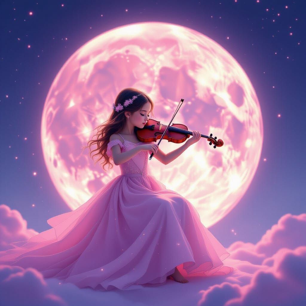 Whimsical Girl Plays Violin on Pink Moon in Ethereal Light