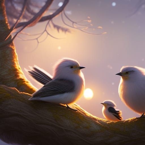 Feathery Birds Huddle in Storybook Style