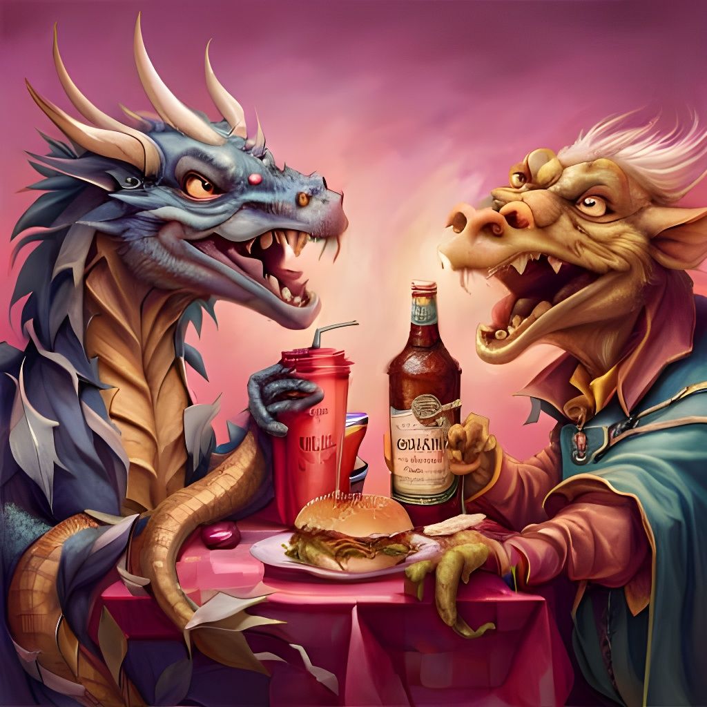 Happy Dragon Eats Burgers: Digital Art Portrait
