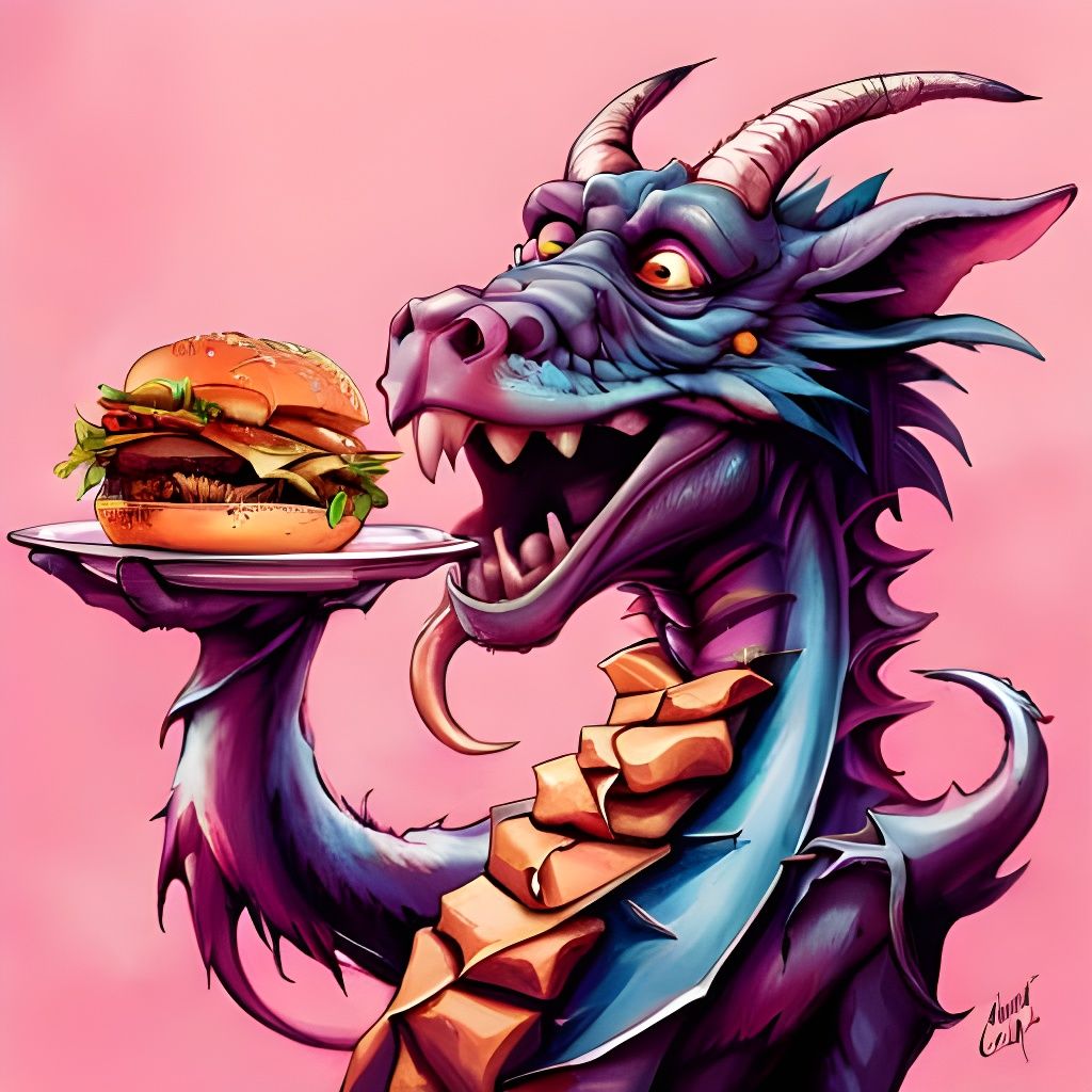 Happy Dragon's Hamburger Feast: Digital Portrait