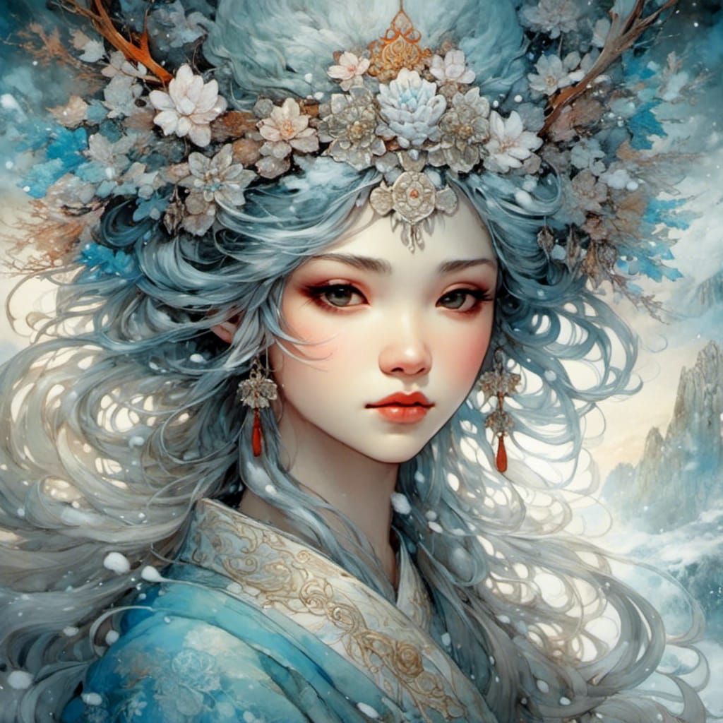 Japanese Winter Goddess in Magical Fantasy Style