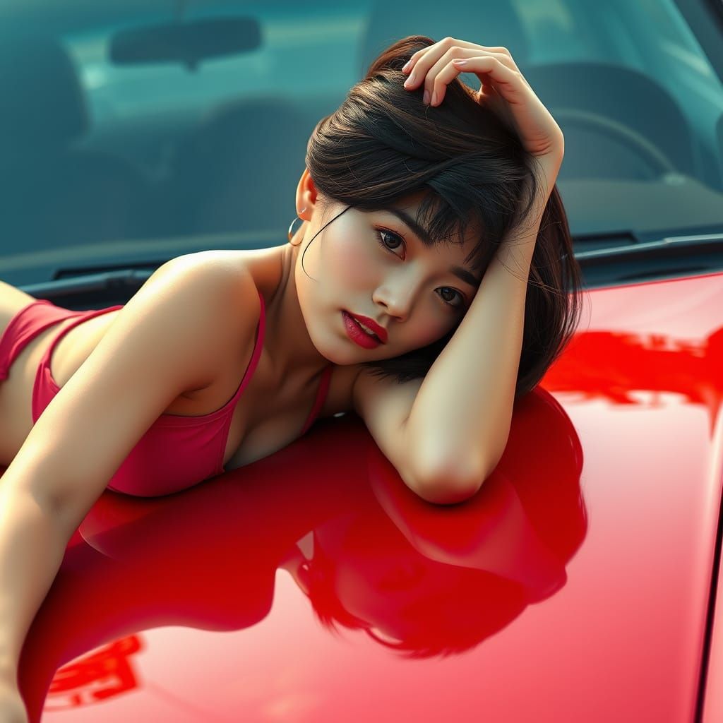 Asian Woman in Pink Bikini on Red Car, Digital Painting