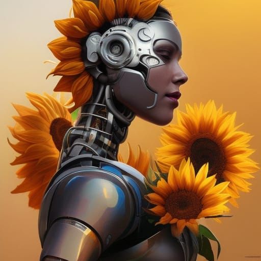 Cyborg Woman with Sunflowers: Hyperdetailed Art