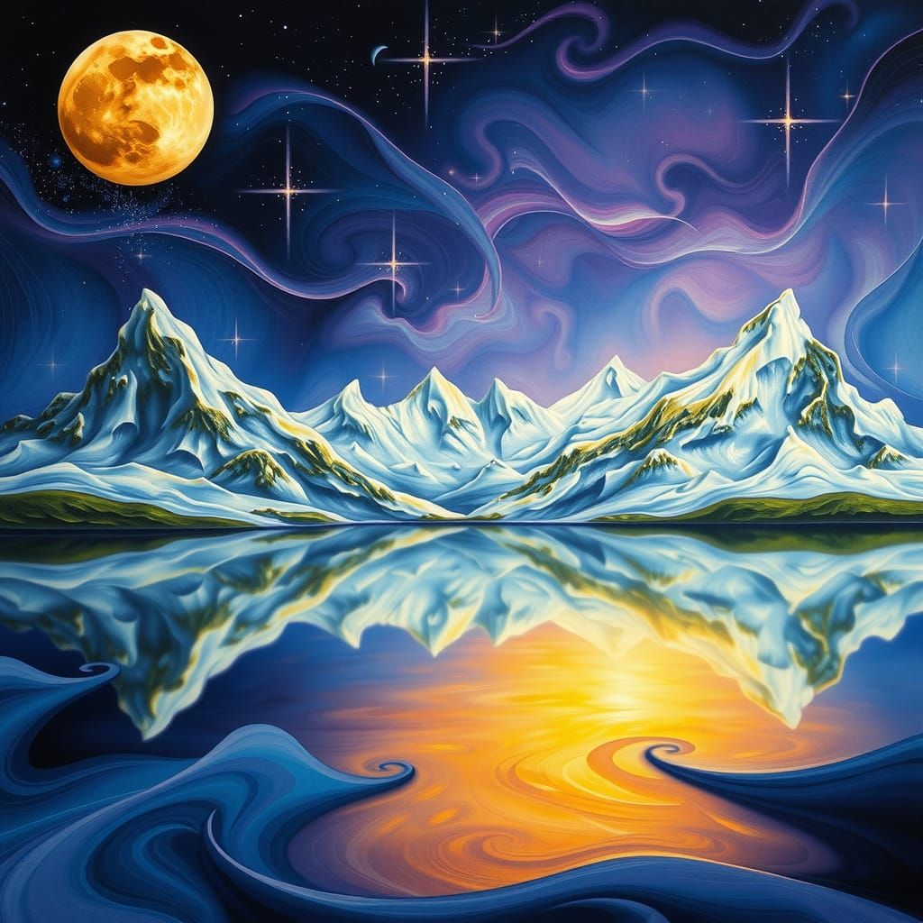 Surreal Lake Landscape with Starry Sky and Golden Cheese Moo...