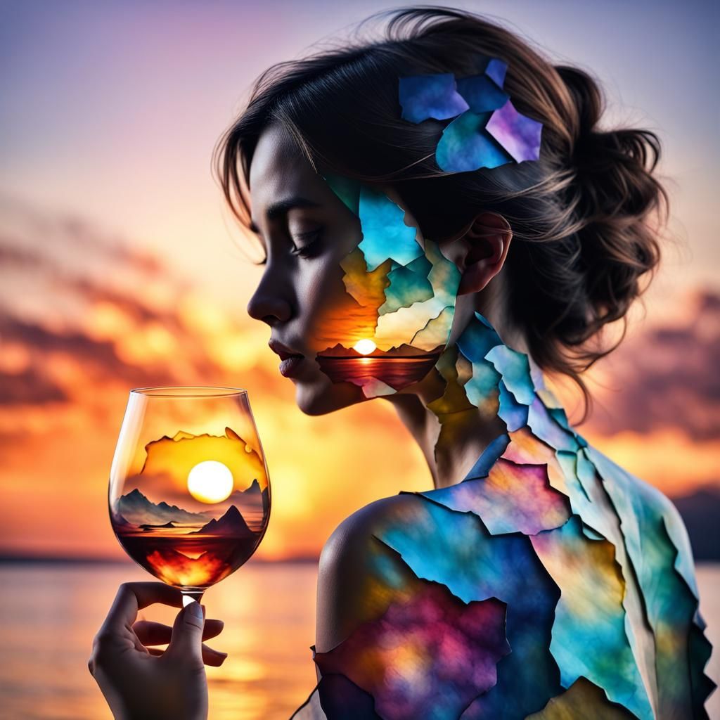 Origami Woman Silhouette Watching Sunset, Alcohol Ink Art