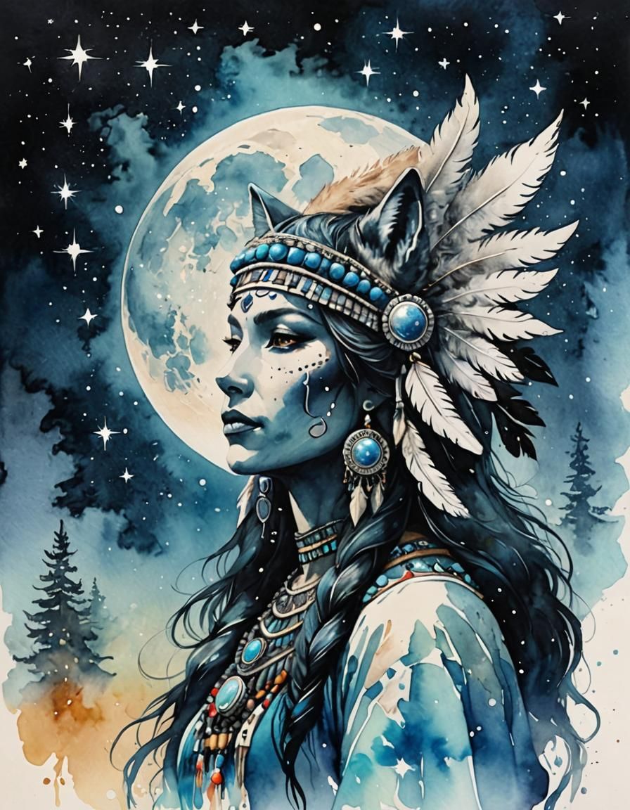 Moon Goddess with Wolf Headdress Watercolor Painting