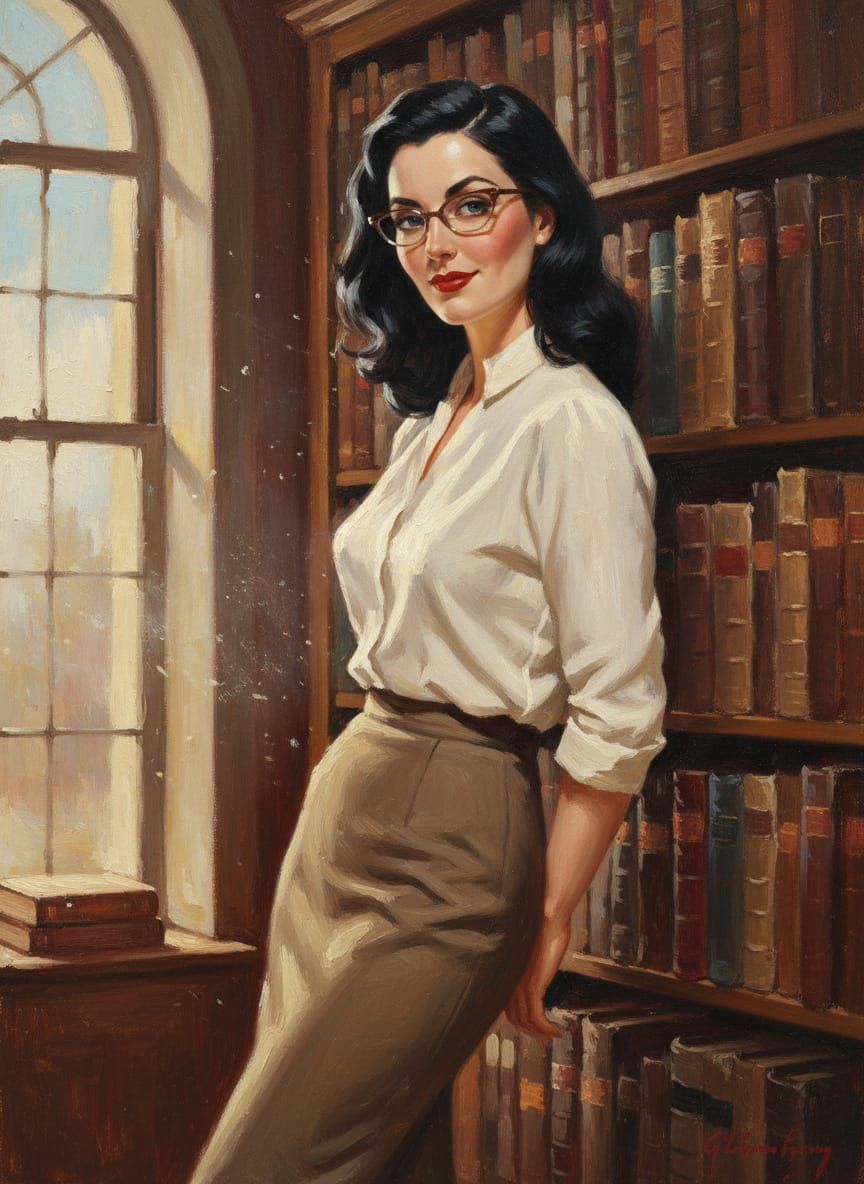 1940s Librarian Allure: Realistic Oil Painting
