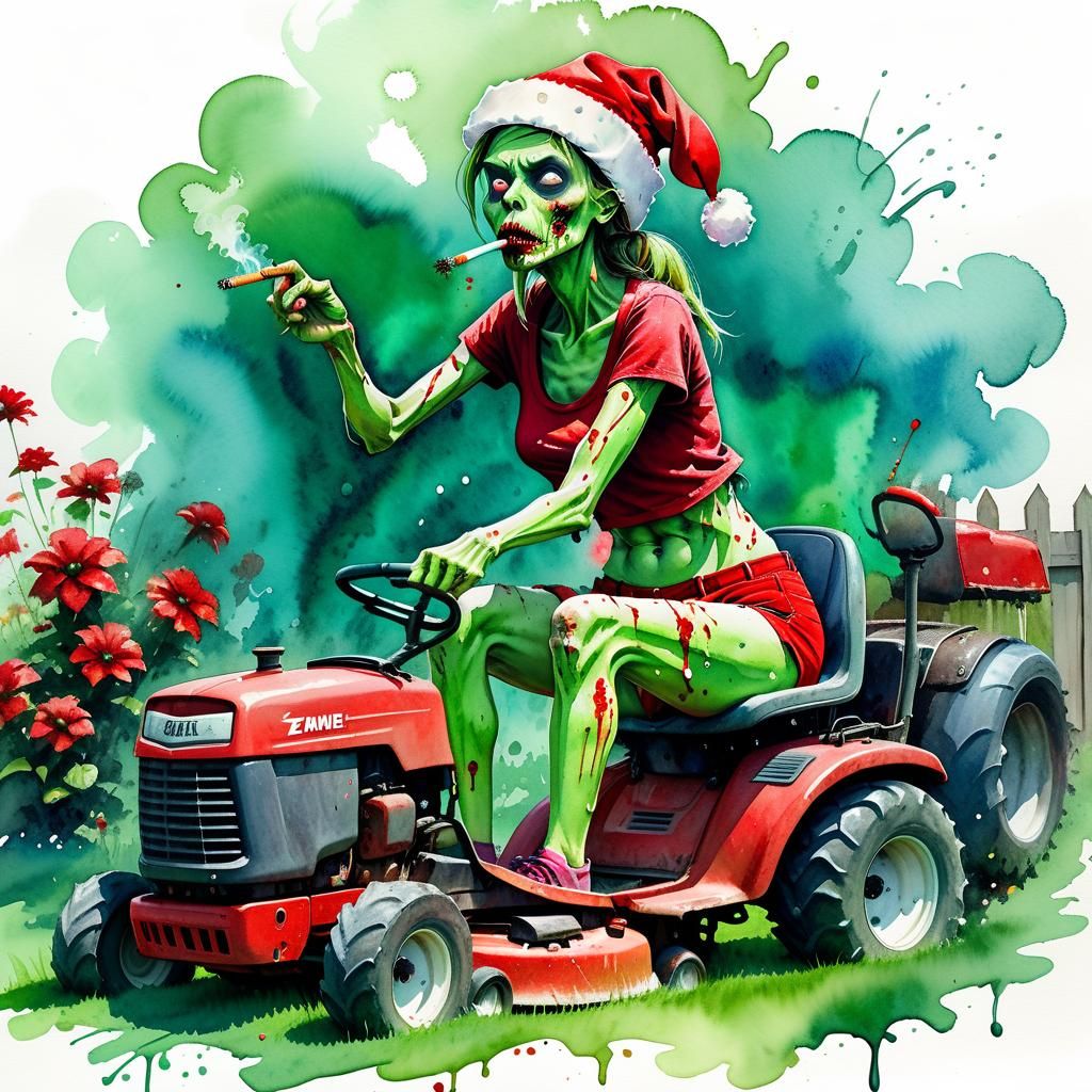 Zombie Santa Mowing Lawn: Impressionist Watercolor Painting