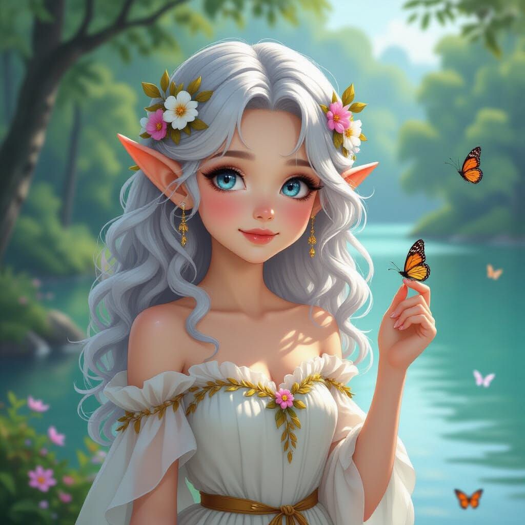 Elven Girl with Butterflies in Whimsical Fantasy Style