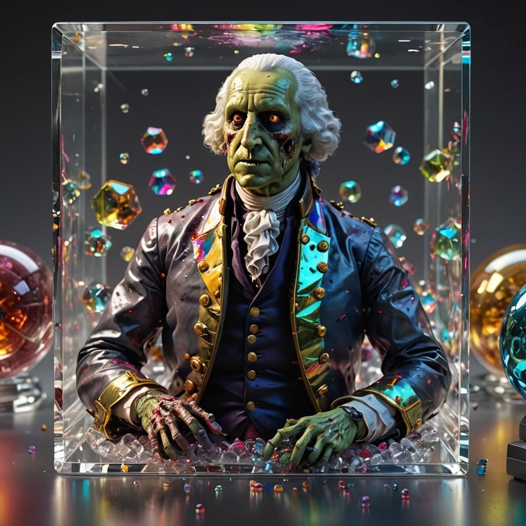 Zombie George Washington in Glass Cube, Hyperrealistic Rende...