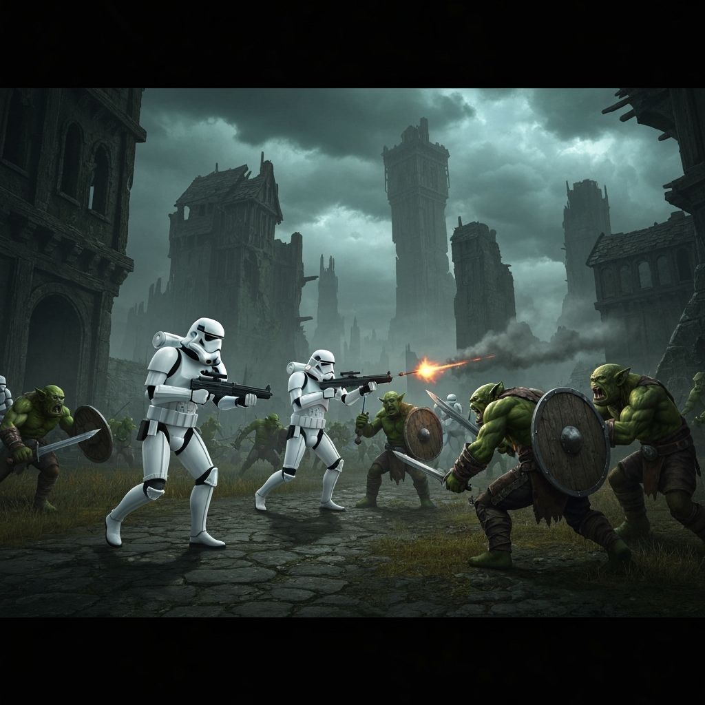 Stormtroopers Clash with Orcs in Fantasy Landscape