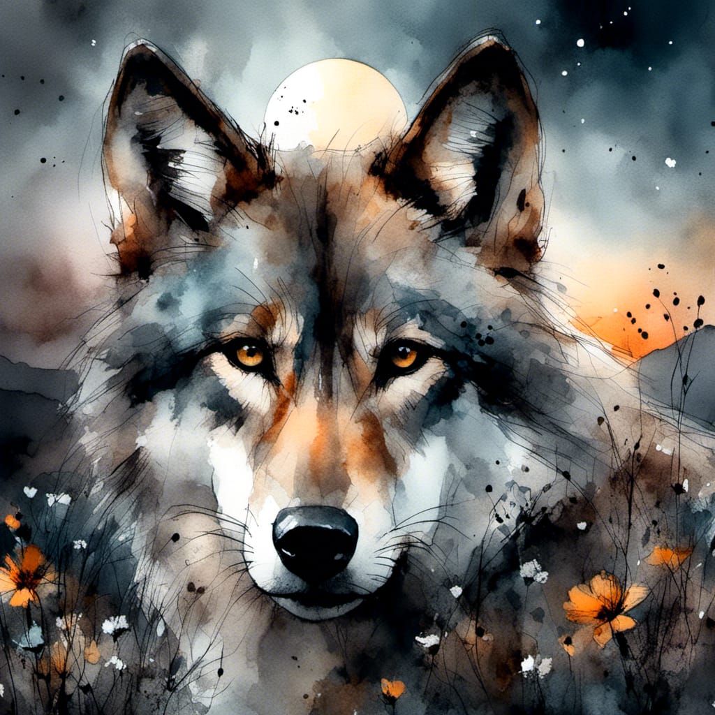 Dramatic Gray Wolf Portrait in Charcoal and Ink