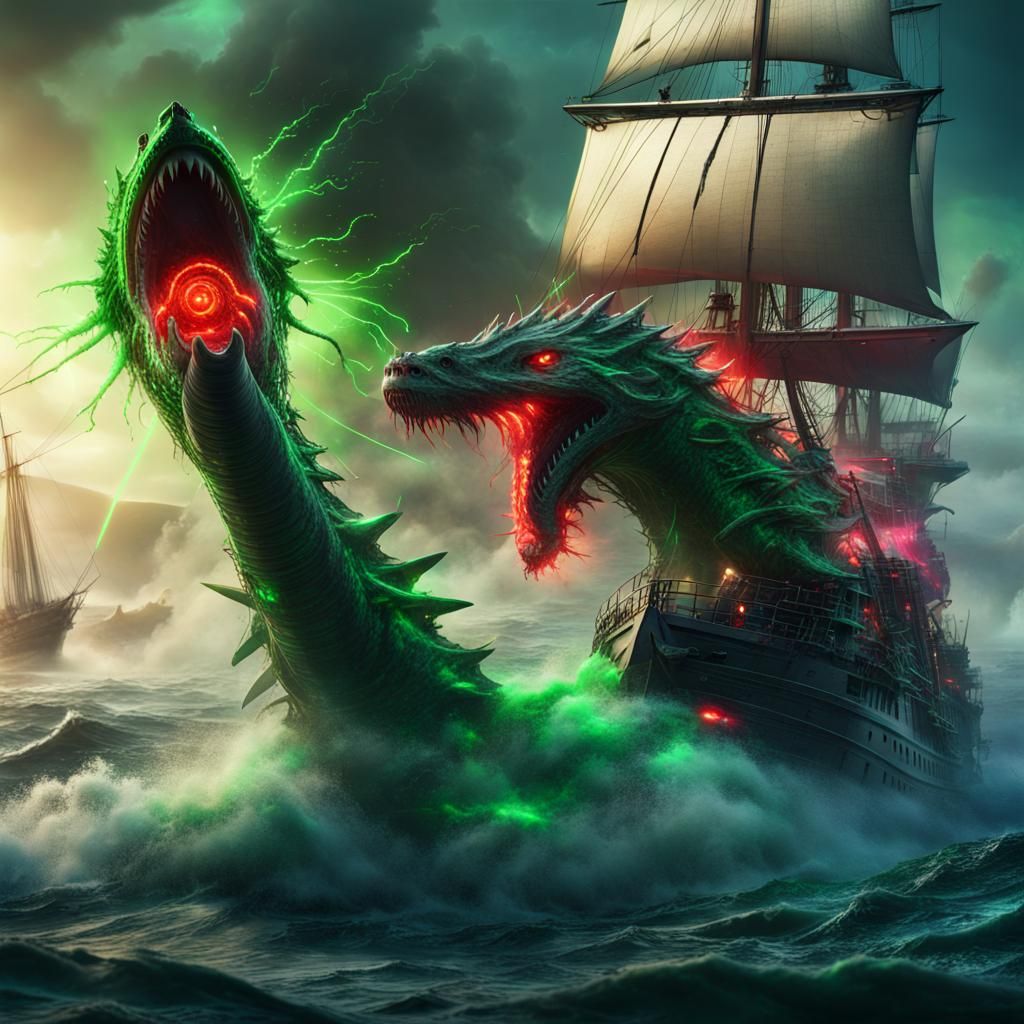 Sea monster attacking a sailing ship firing vivid neon green lasers and also vivid neon red lasers at the ship causing s...