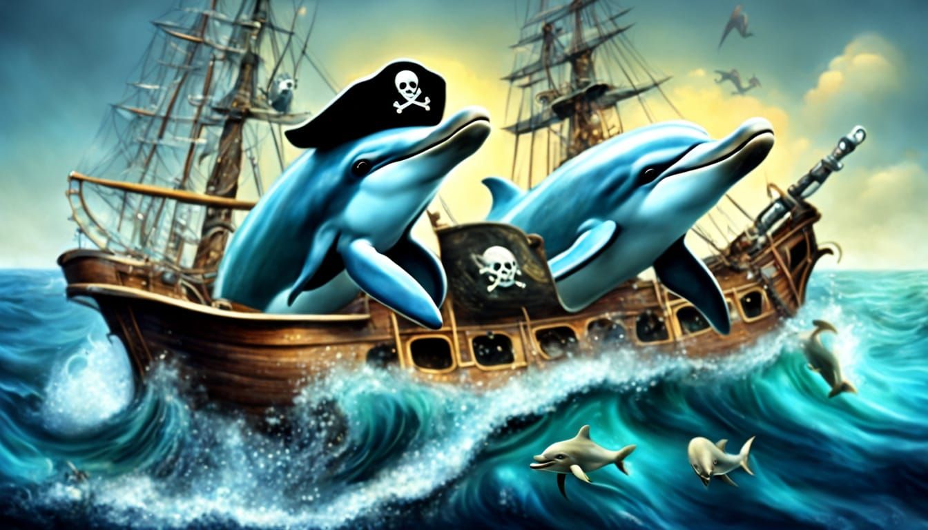Surreal Dolphins as Pirates in Photorealistic Style