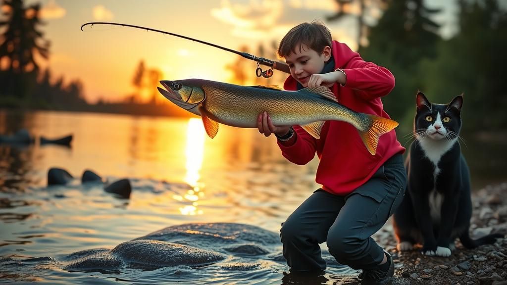 Bipedal Cat Wrestles Walleye at Sunset
