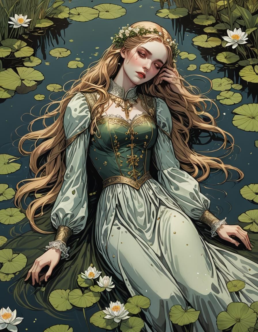 Beautiful young Ophelia In a medieval dress Full of sorrow l...