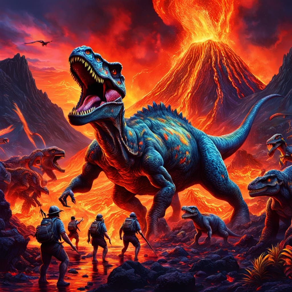 Jurassic Period. A tribe of cavemen hunting a giant, dinosau...