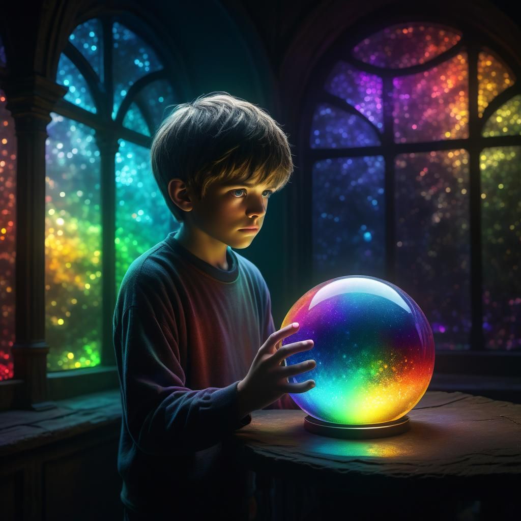 Boy Gazing into Magical Rainbow Orb