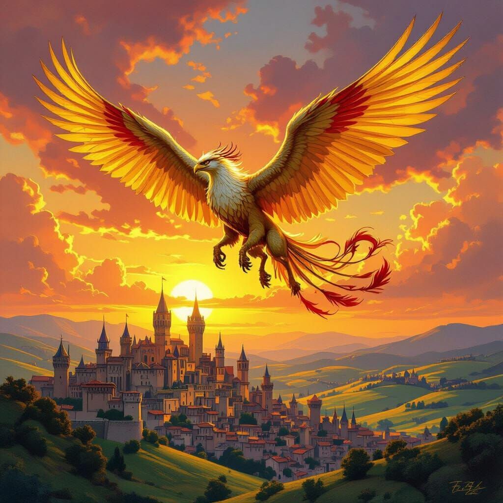 Golden Griffin Soaring Above Medieval City