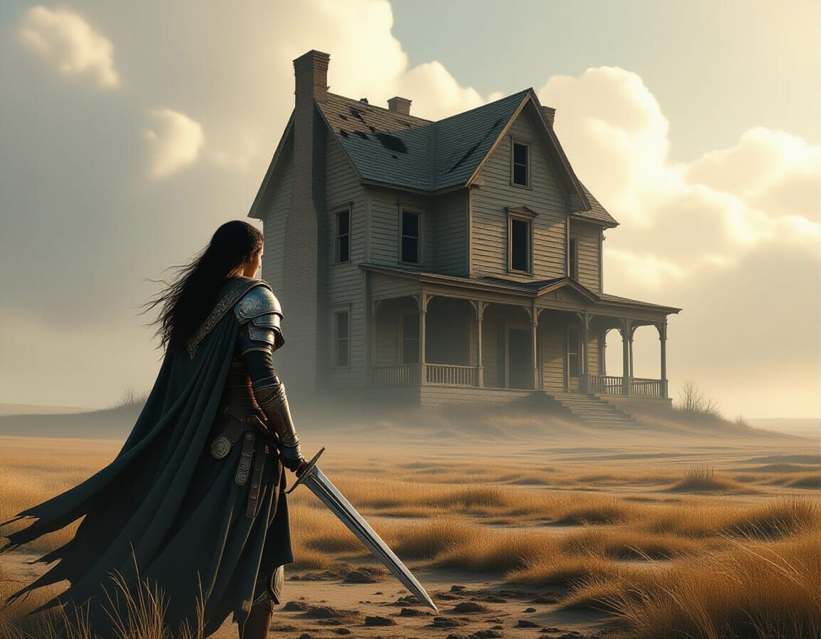 Warrior Woman Before Ancient House in Epic Oil Painting Styl...