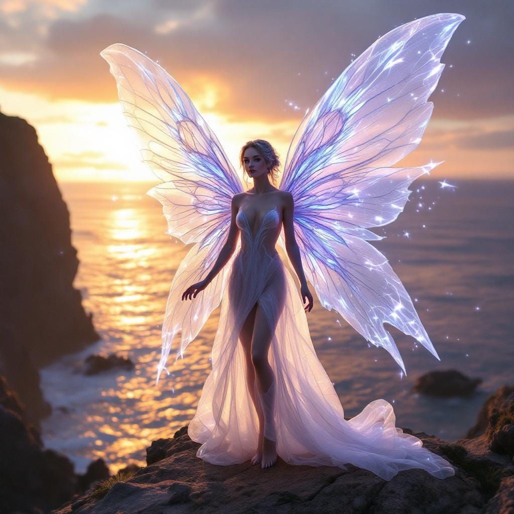 Fairy with Ethereal Wings at Sunset