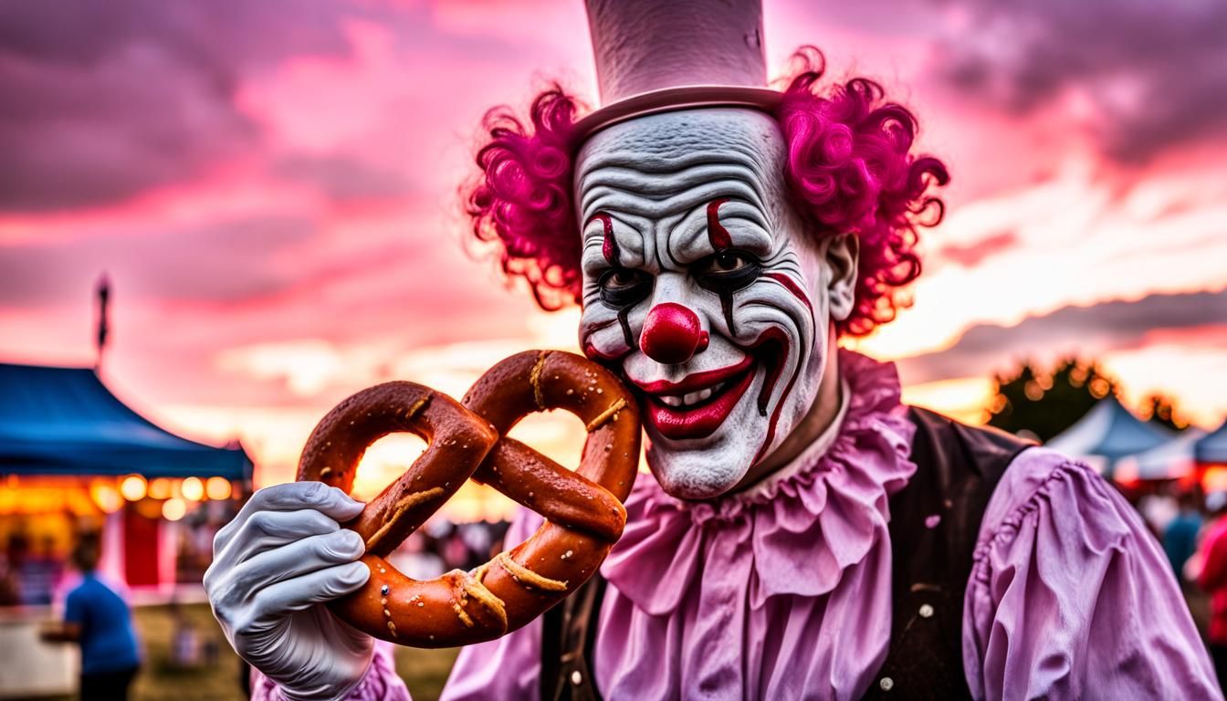 Hyperrealistic Pretzel Clown at County Fair