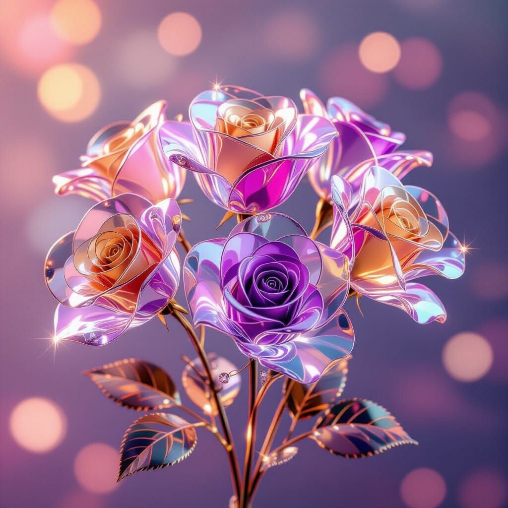 Glass Rose Bouquet with Spectrum Colors and Ethereal Glow