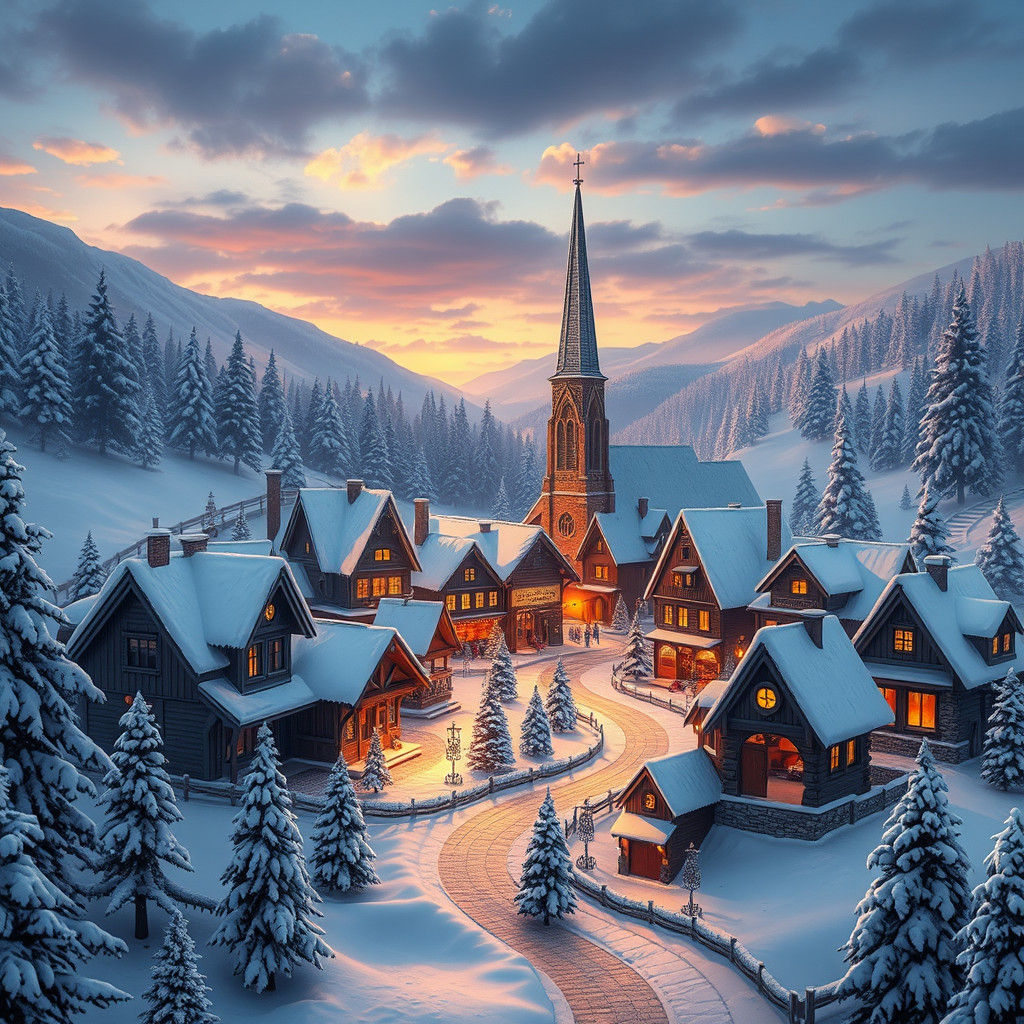 Serene Christmas Village at Dusk in Photorealistic Style