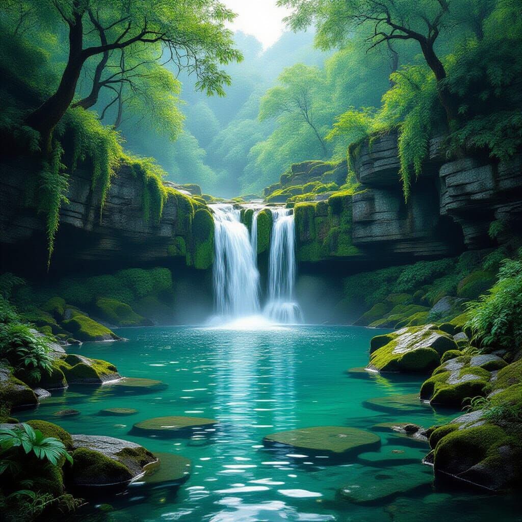 Hidden Waterfall Serenity in Romantic Landscape Style