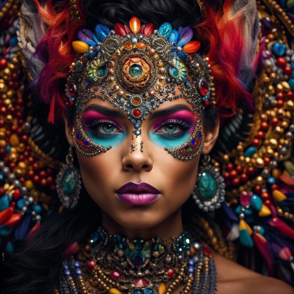 Hyperrealistic Woman Adorned with Jewels and Vivid Makeup
