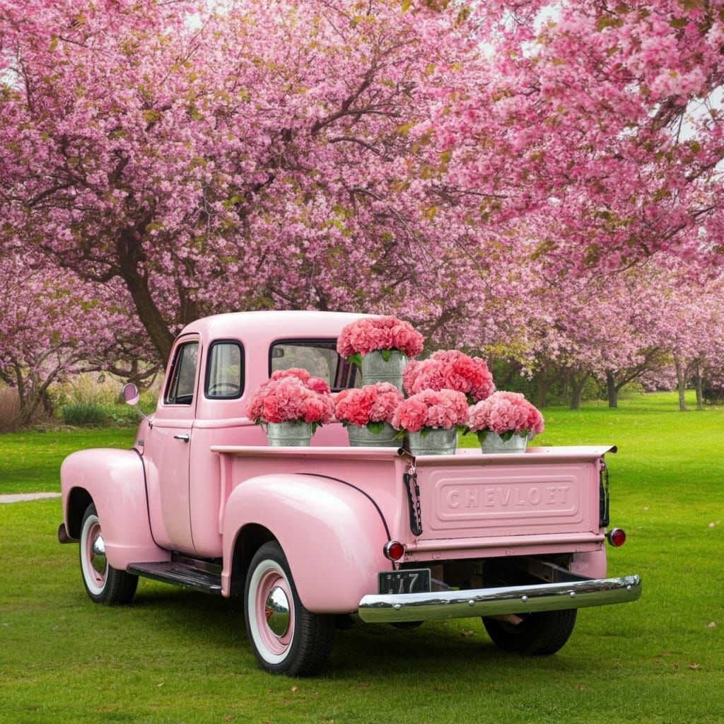 Vintage Pink Truck Amidst Vibrant Pink Blossoms