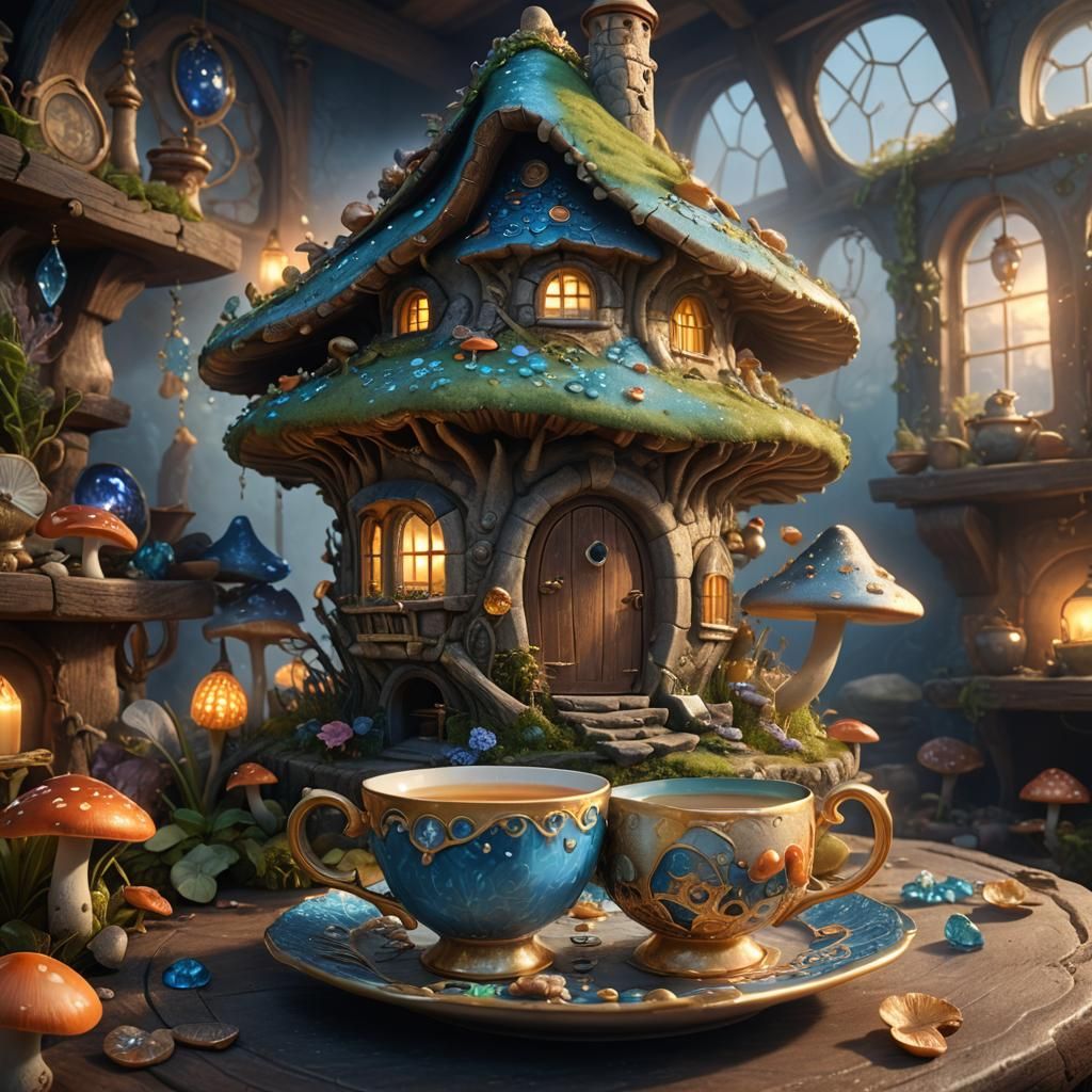 Newt Sipping Tea in Cozy Mushroom Cottage
