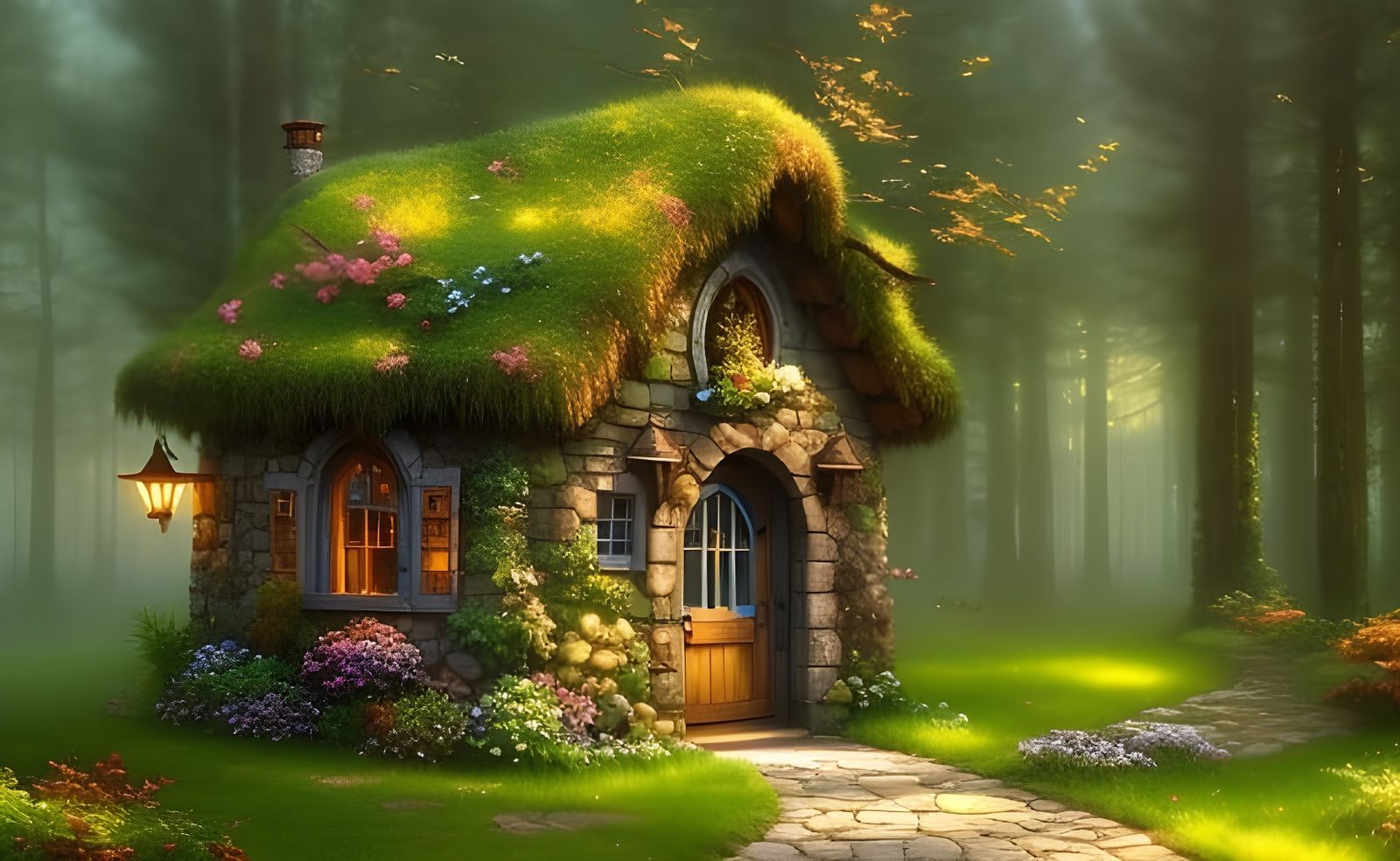 Enchanted Gnome Cottage in Haunted Forest, Ethereal Painting