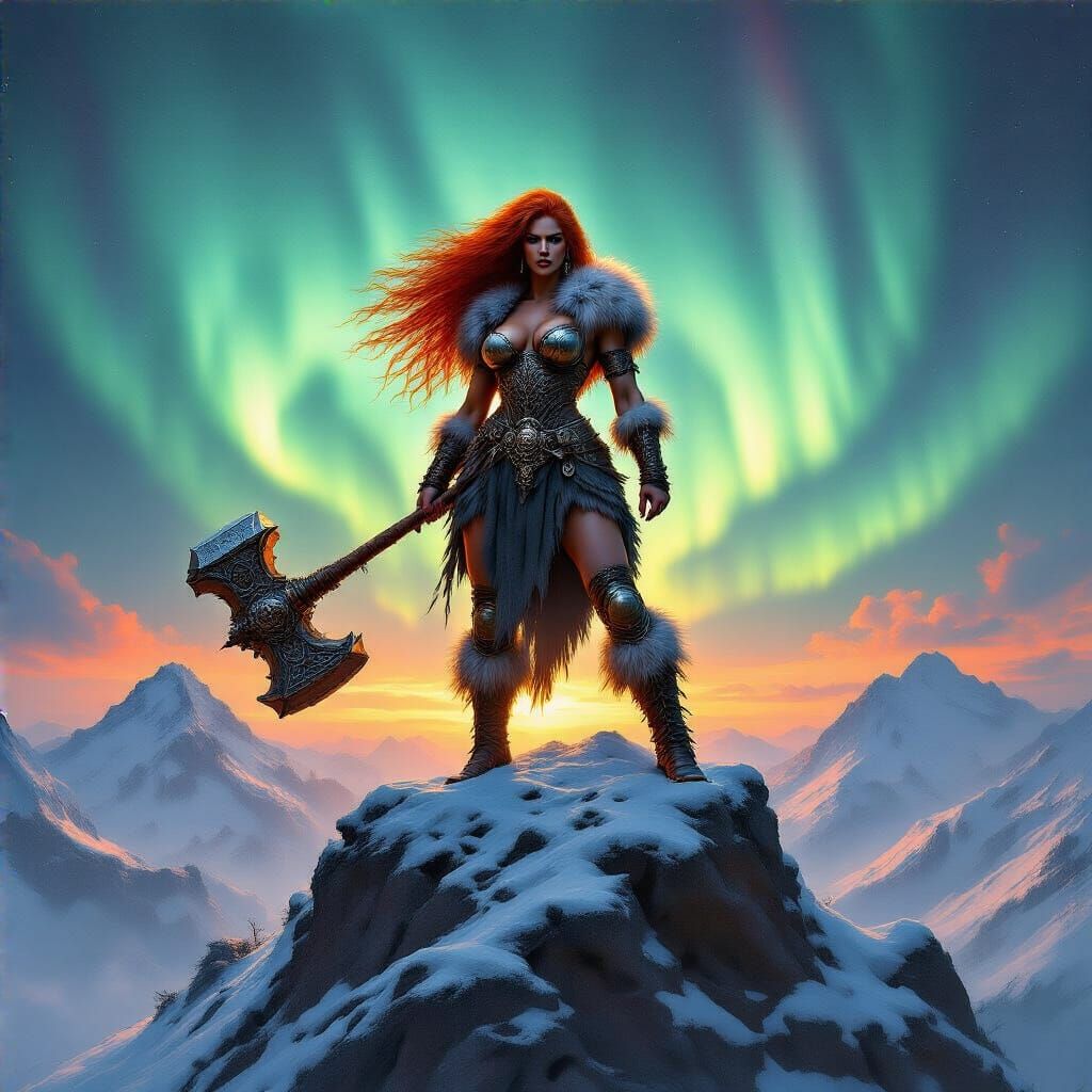 Barbarian Warrior Woman on Snowy Peak