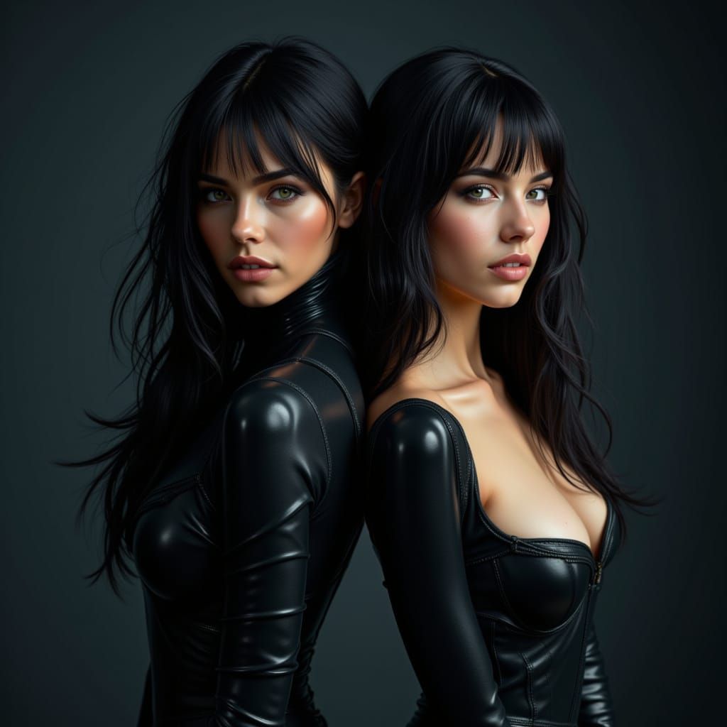 Two Women in Skintight Latex Catsuits in Dark Studio