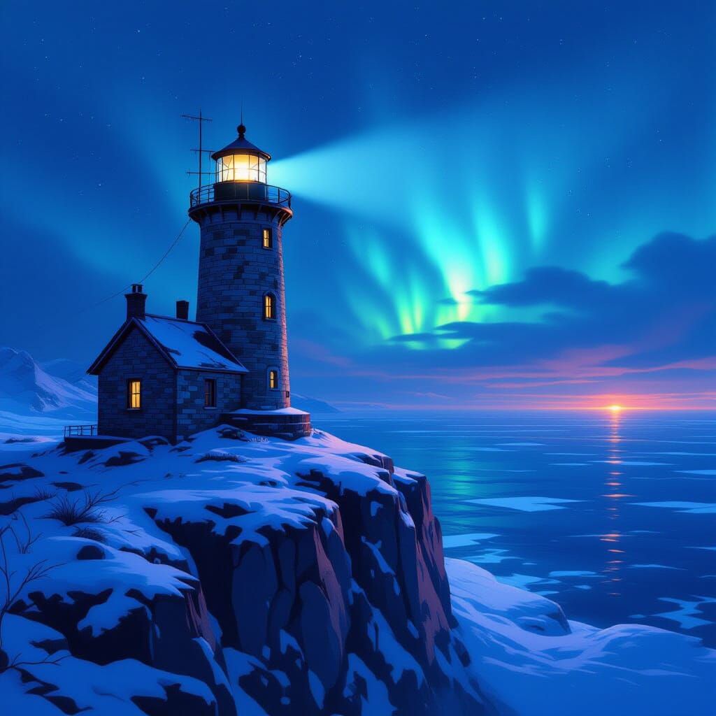 Weathered Lighthouse on Frozen Ocean at Twilight