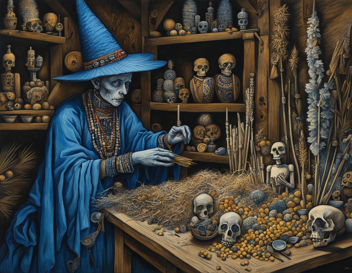 A witch doctor making a painted voodoo doll #1