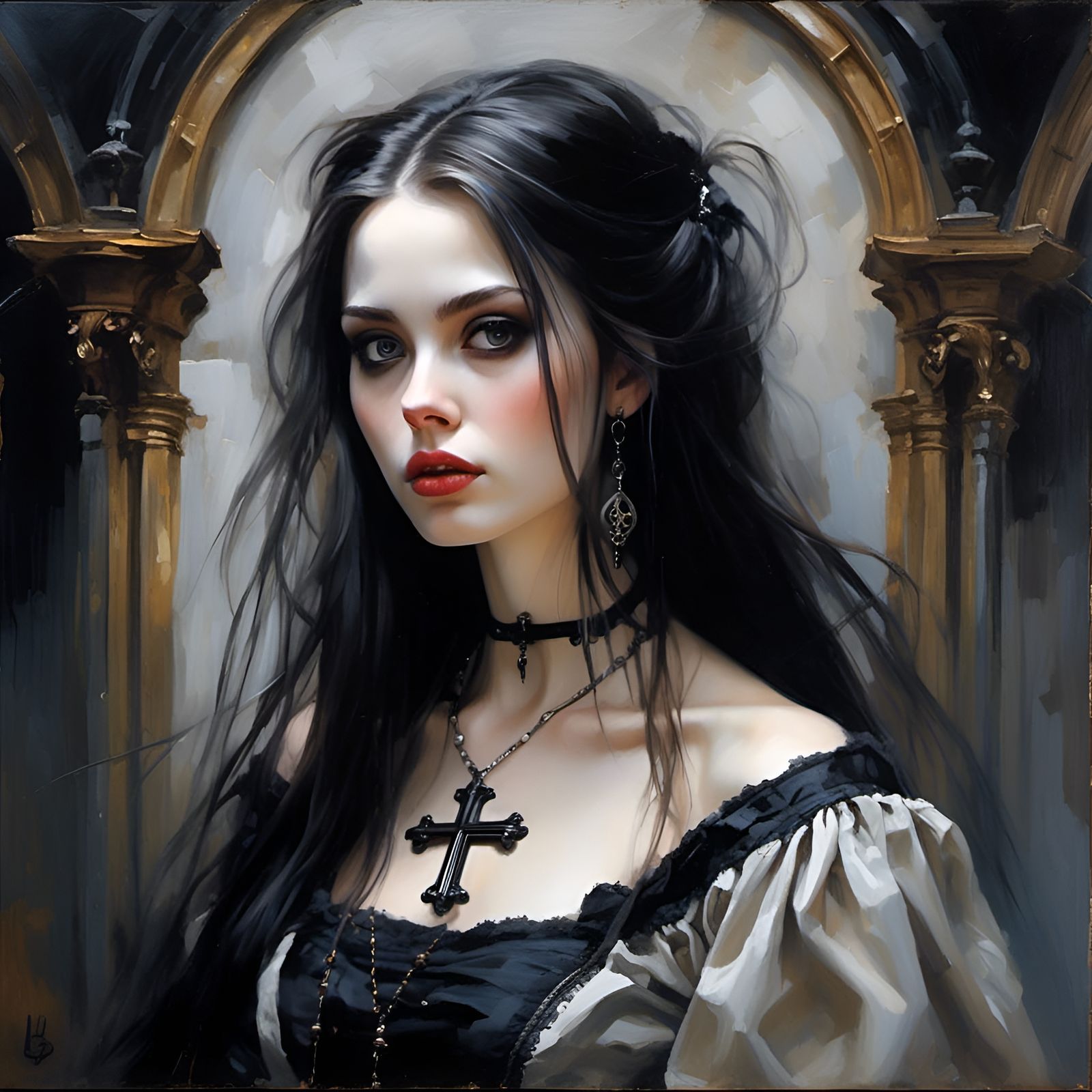 Gothic Woman with Cross Pendant in Oil Painting Style