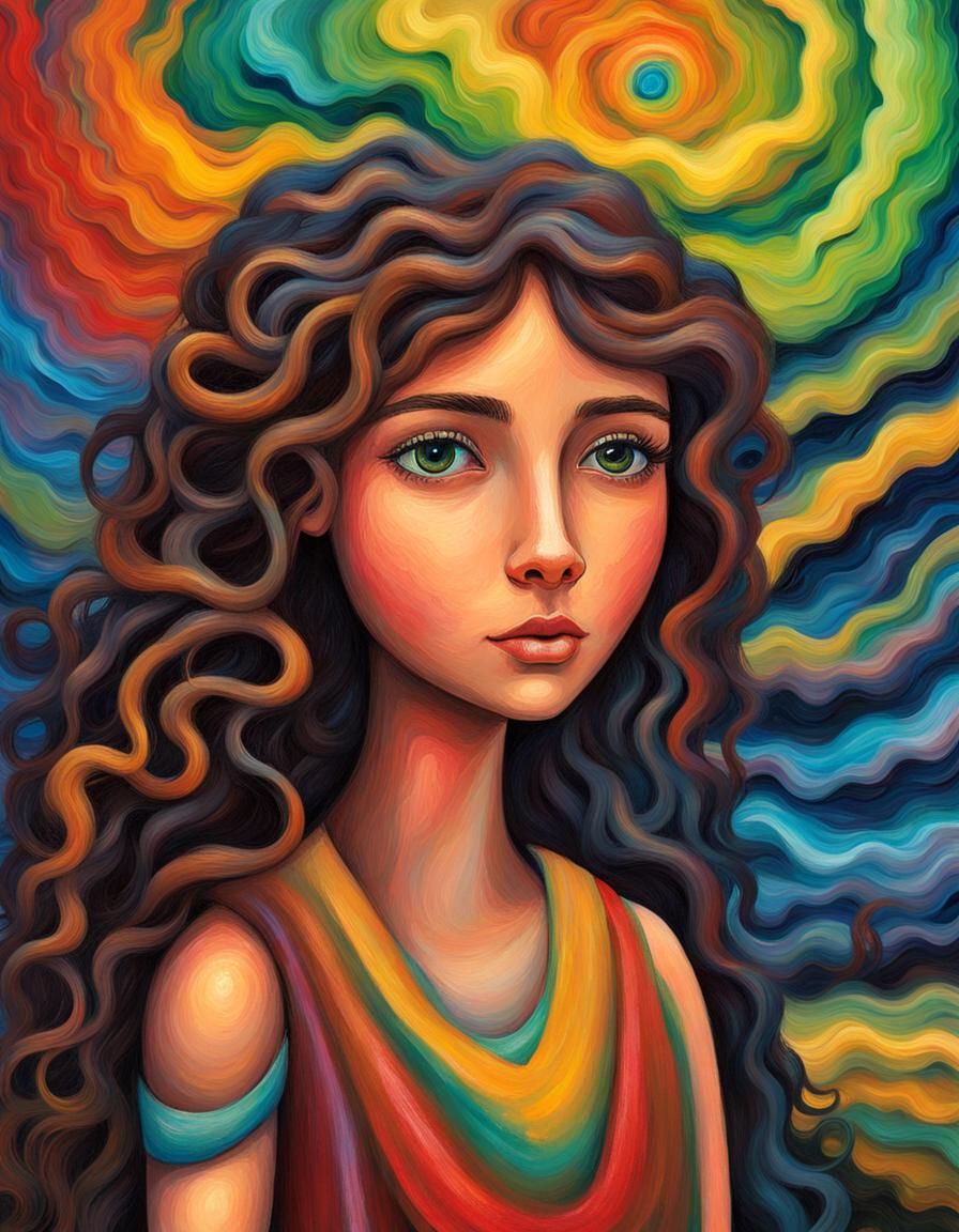 Primitive Girl Fairy Close Up, 3d Illustration, Super Crazy Curly Brunette Hair, Woodland Colors Background, Starry Aur...